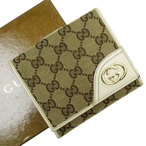 Auth GUCCI Bifold Wallet Brown xOff White GG canvas/leather - Picture 1 of 12